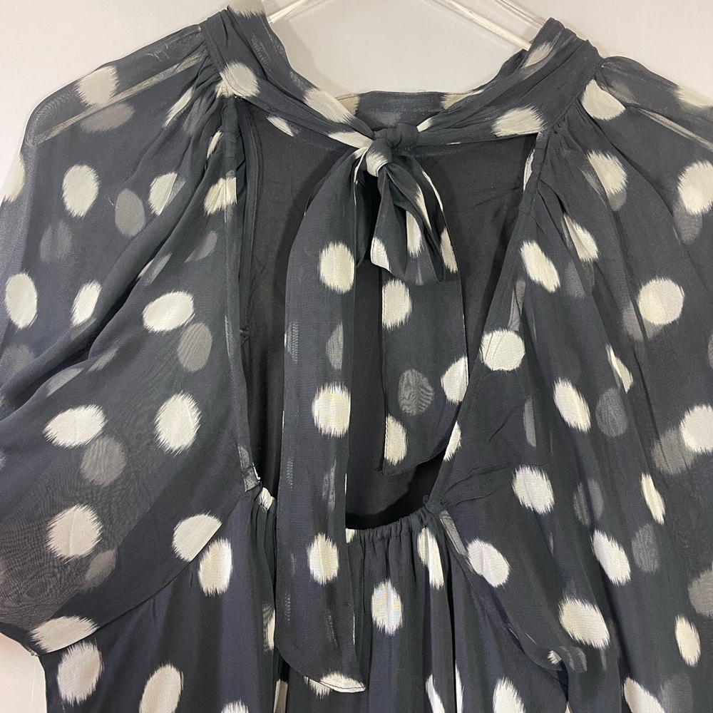 Maeve Sheer Polka Dot Mini Swing Dress Puff Sleeves Tie Neck - Picture 10 of 12